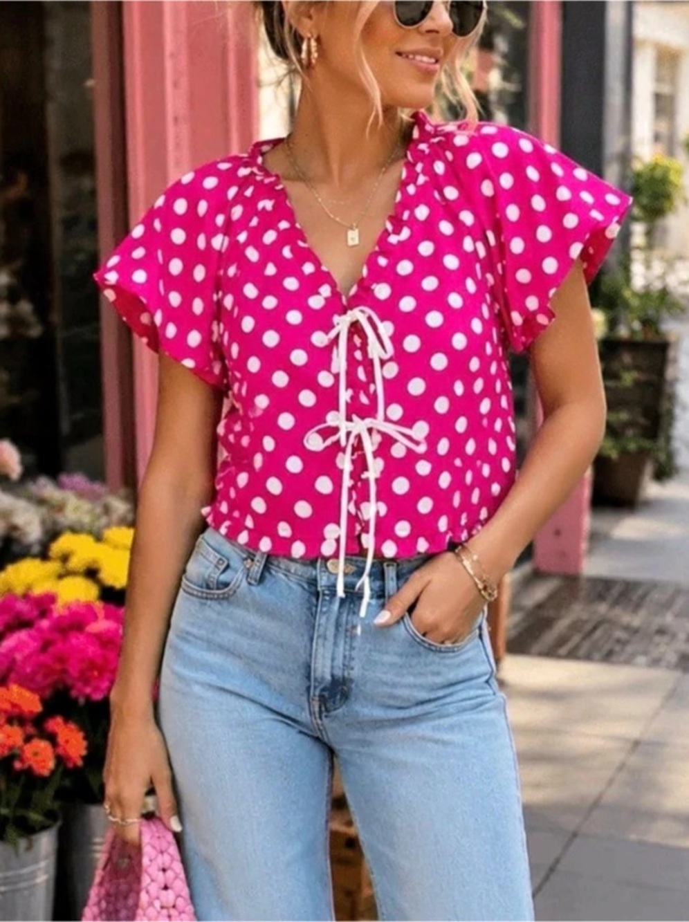 day + moon Polka Dot Blouse in Pink & White Size Medium NWT